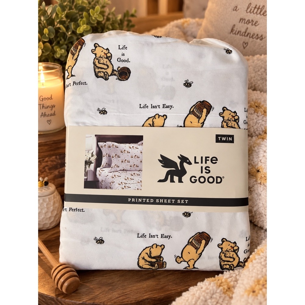 Life is Good Berkshire Twin Sheet Set Pooh Bear Honey Pot Bee Printed 3pc NEW